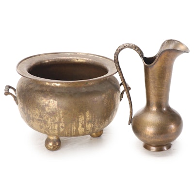 Italian Hand Hammered Brass Ewer with Double Handled Brass Planter