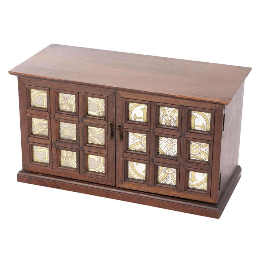 Japanese Wooden Tansu Style Jewelry Chest with Fabric Panels