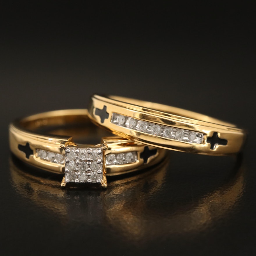 Sterling Diamond Ring Set with Enamel Cross Details