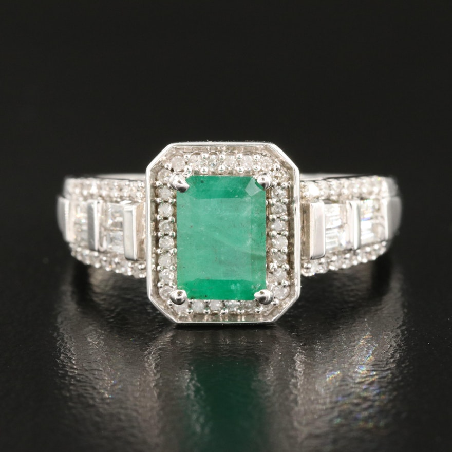 Sterling Emerald and Diamond Halo Ring