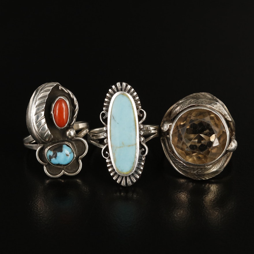 Southwestern Sterling Rings Including Citrine, Turquoise and Coral