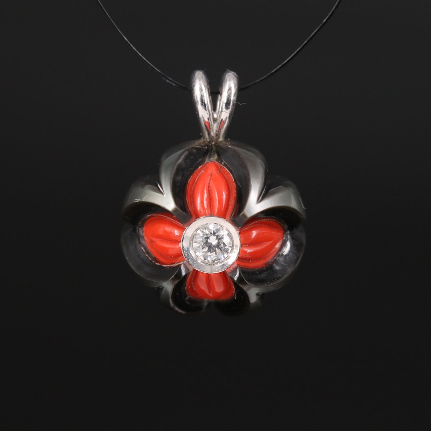 Galatea 14K Diamond, Carved Pearl and Jasper Flower Pendant