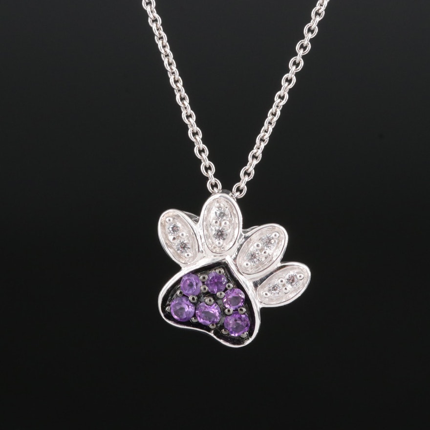 Sterling Pavé Amethyst and Sapphire Paw Print Pendant Necklace