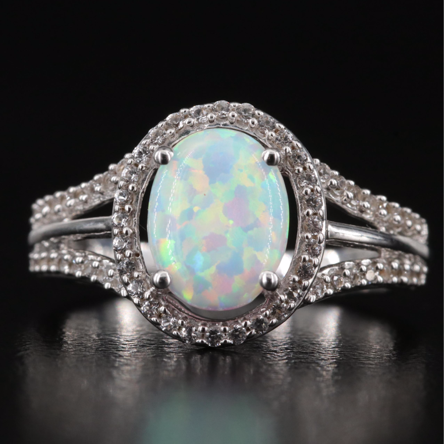 Sterling Opal and Sapphire Halo Pendant Ring