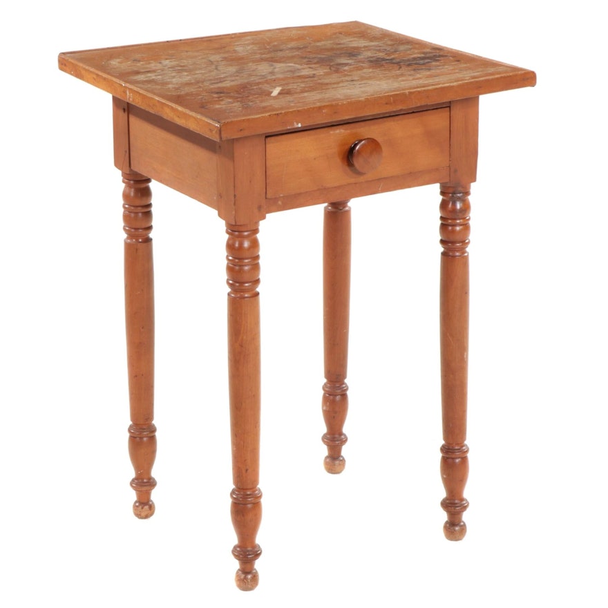 American Primitive Single-Drawer Pine Side Table, Early 20th Century