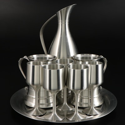 Oriental Pewter Jug, Wine Glasses and Under Plate with Tankards