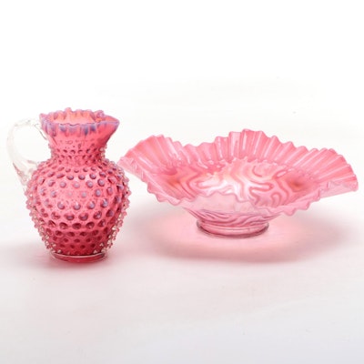 Fenton Cranberry Opalescent Hobnail Pitcher with Other Fluted Bowl