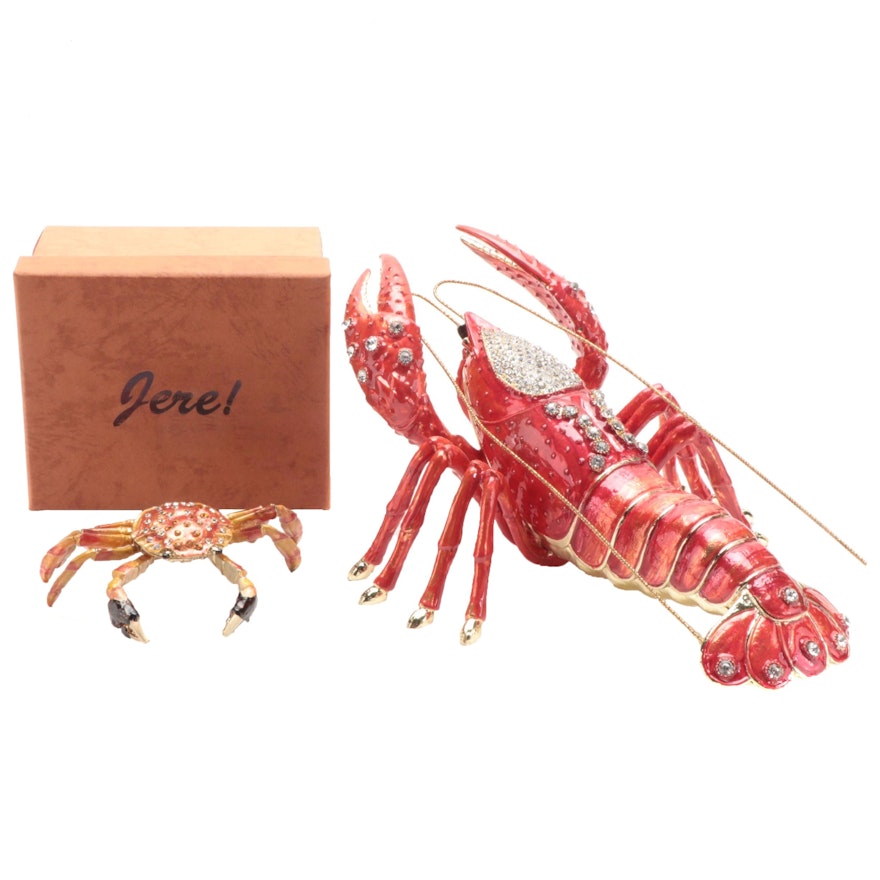 Jere Enameled and Rhinestone Inlaid Crab and Lobster Figural Trinket Boxes