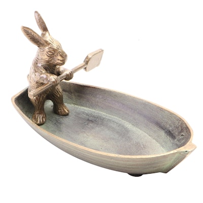Patinated Cast Metal Bunny in Rowboat Trinket Dish