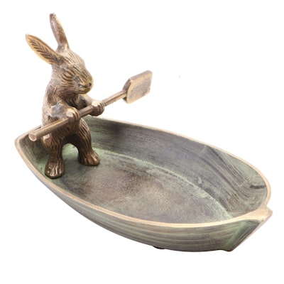 Patinated Cast Metal Bunny in Rowboat Trinket Dish