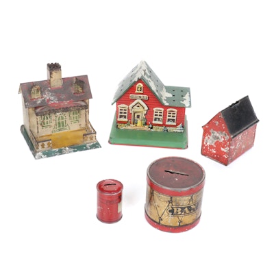 Stenciled and Tin Litho Coin Banks, Late 19th to Mid-20th Century