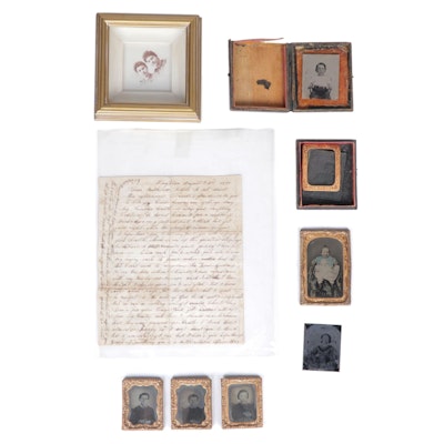 Framed Photos and 1857 Handwritten Letter, Late 19th Century