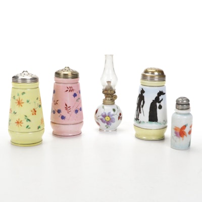 Victorian Hand-Painted Muffineers and Miniature Oil Lamp