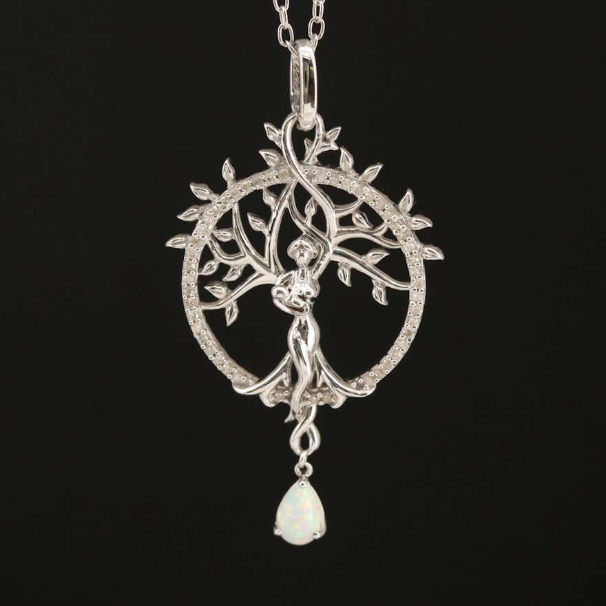 Sterling Opal and Diamond Mother and Child Tree of Life Pendant Necklace