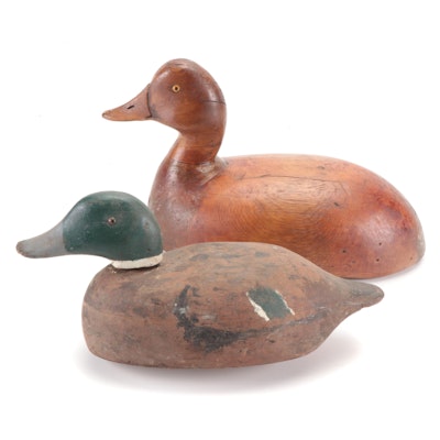 Hand-Carved Mallard Drake Decoy and Other Yellow Eye Duck Decoy