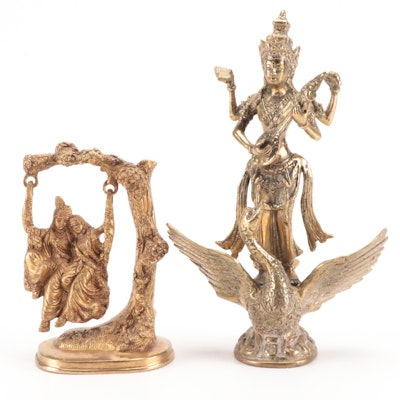 Indian Gilt Metal Radha Krishna Jhula and Saraswati Murti Figures