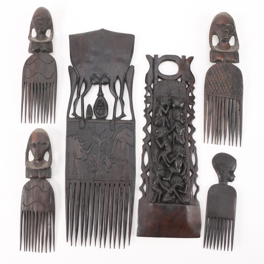 Makonde Style Wood Wall Hanging and African Combs