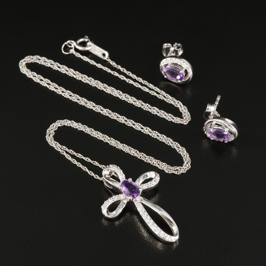 Sterling Amethyst and Cubic Zirconia Cross Pendant Necklace and Earrings