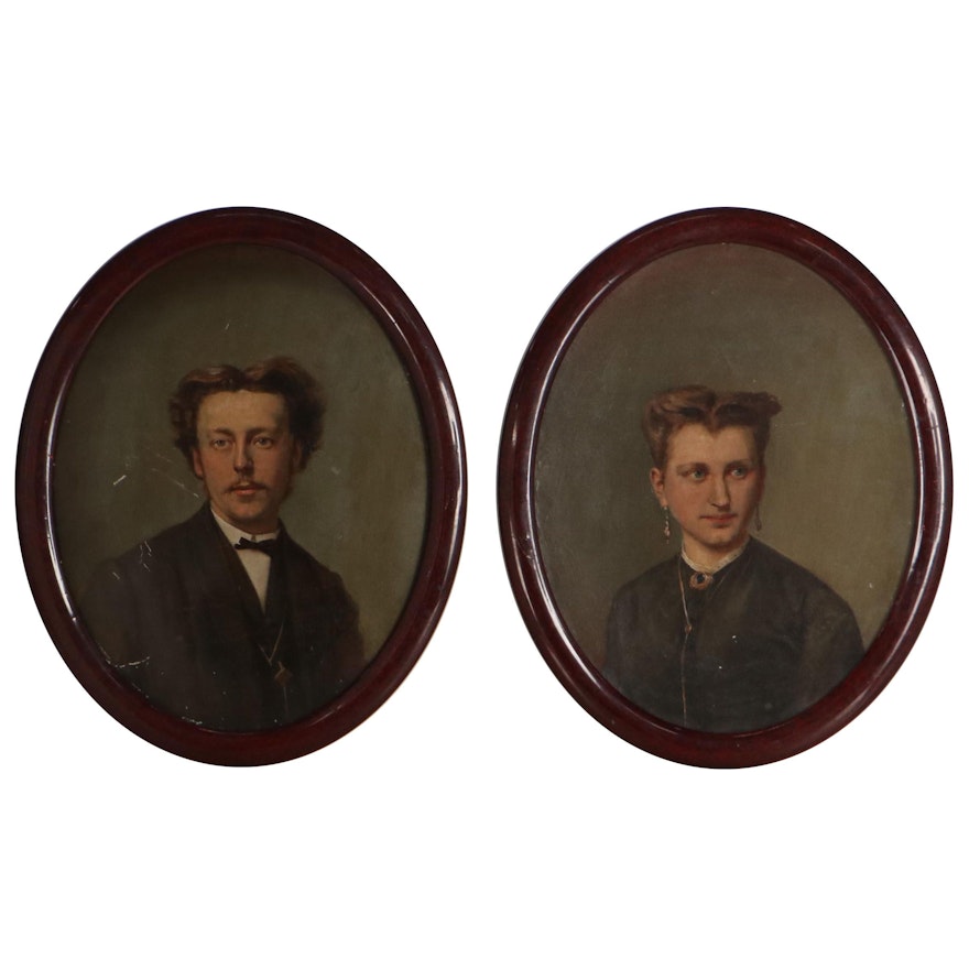 Portrait Oil Paintings of Woman and Man, Circa 1900