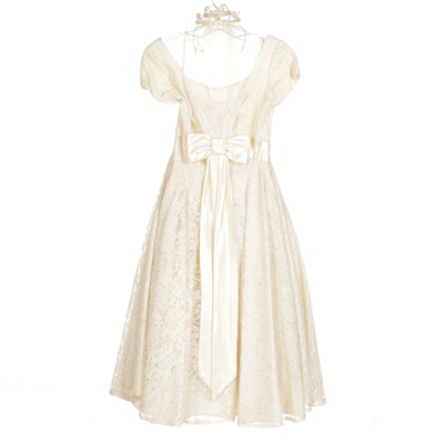 Handmade Tea-Length Lace Wedding Dress with Satin Bow and Veil