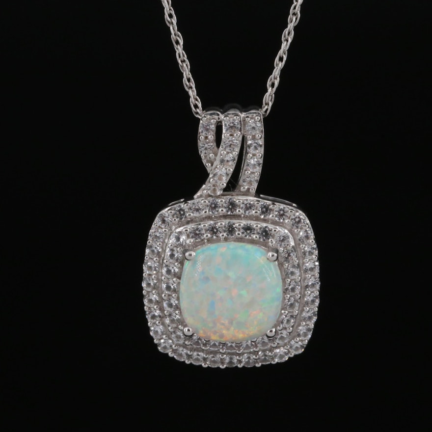 Sterling Opal Double Halo Pendant Necklace