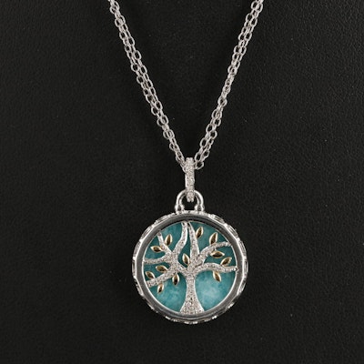 Sterling Diamond and Glass "Tree of Life" Pendant Necklace with 14K Accents