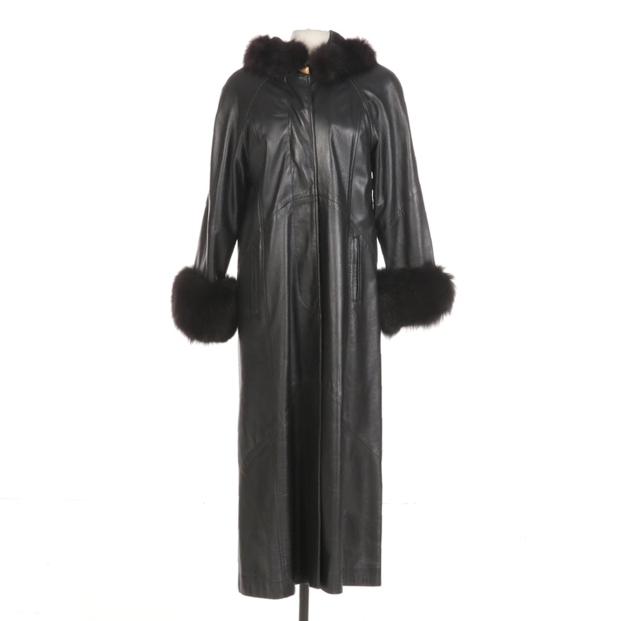 Vericci Black Leather Full-Length Coat with Fox Fur Trim