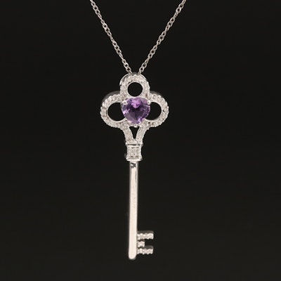 Sterling Amethyst and Diamond Key Pendant Necklace