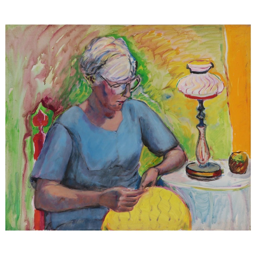 Marion Maas Portrait Oil Painting of Woman Sewing, Late 20th Century