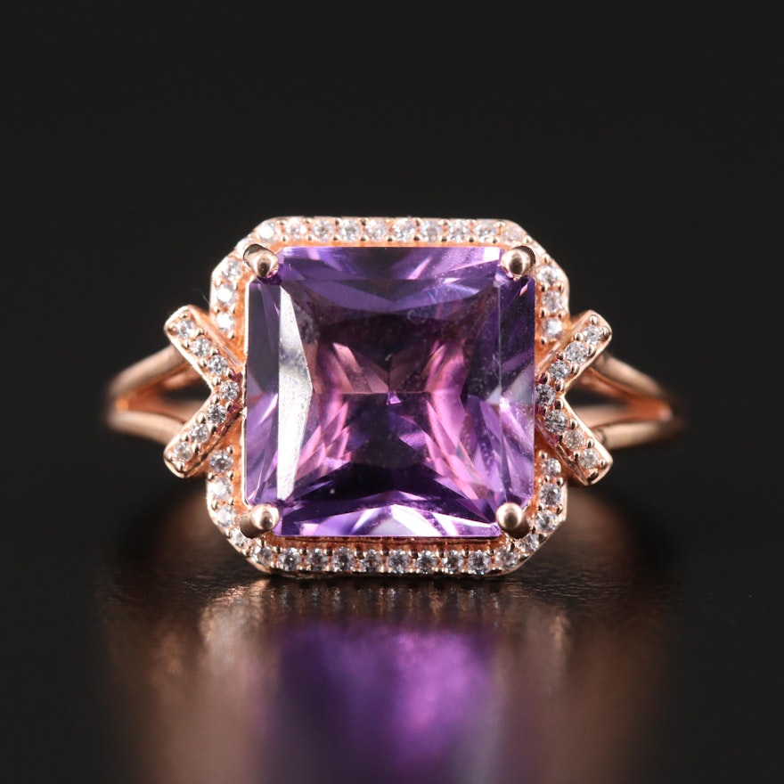 Sterling Amethyst and Cubic Zirconia Halo Ring
