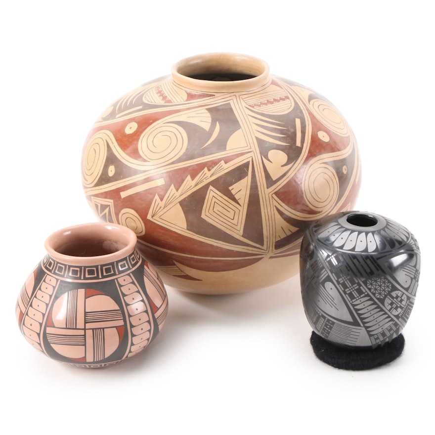 Fernando González Mata Ortiz Blackware Vase and Other Polychrome Pueblo Vessels
