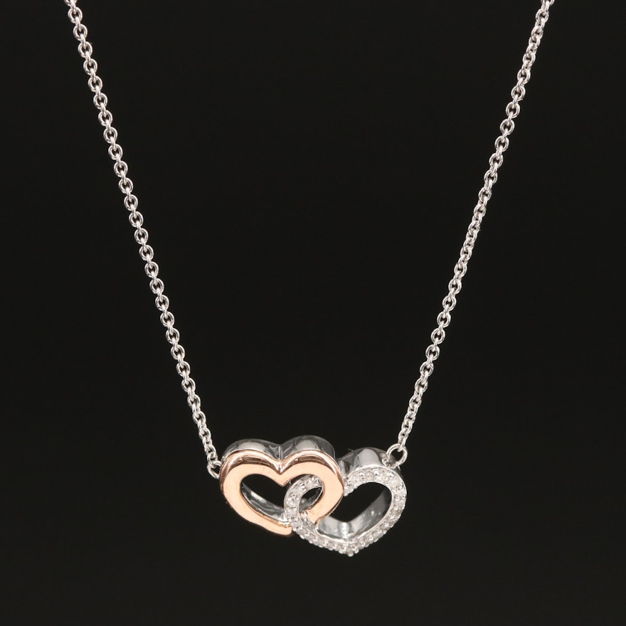Sterling Diamond Double Heart Necklace with 10K Rose Gold