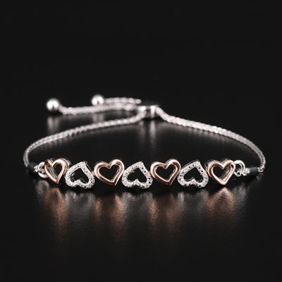 Sterling Diamond Hearts Bolo Bracelet with 10K Rose Gold Accents