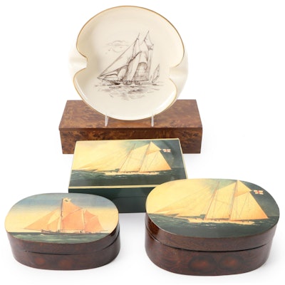 Lenox "Schooner Columbia" Bone China Ashtray with Lacquerware Boxes