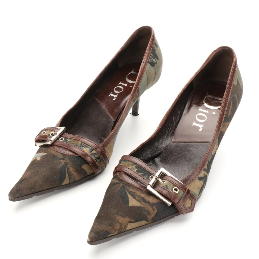 Dior Pumps in Print Fabric with Buckle Strap and Brown Leather Trim