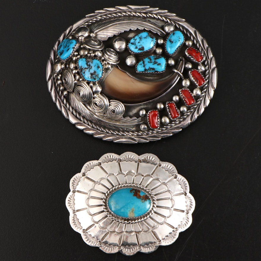 E. Sam Sterling/Black Bear Claw/Turquoise/Coral, Sterling/Turquoise Belt Buckles