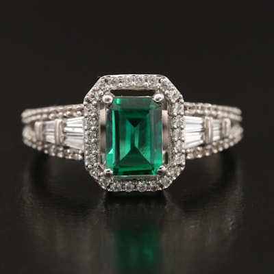 Sterling Emerald and White Sapphire Halo Ring