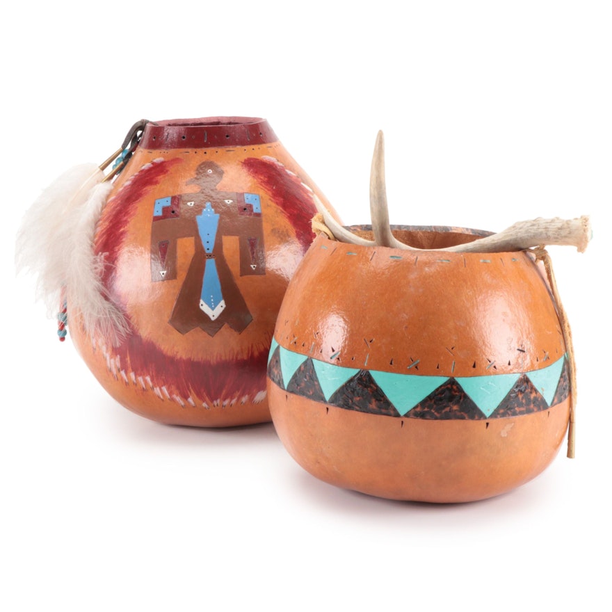 Native American Style Hand-Painted Gourds with Feather, Bead, Antler Decorations