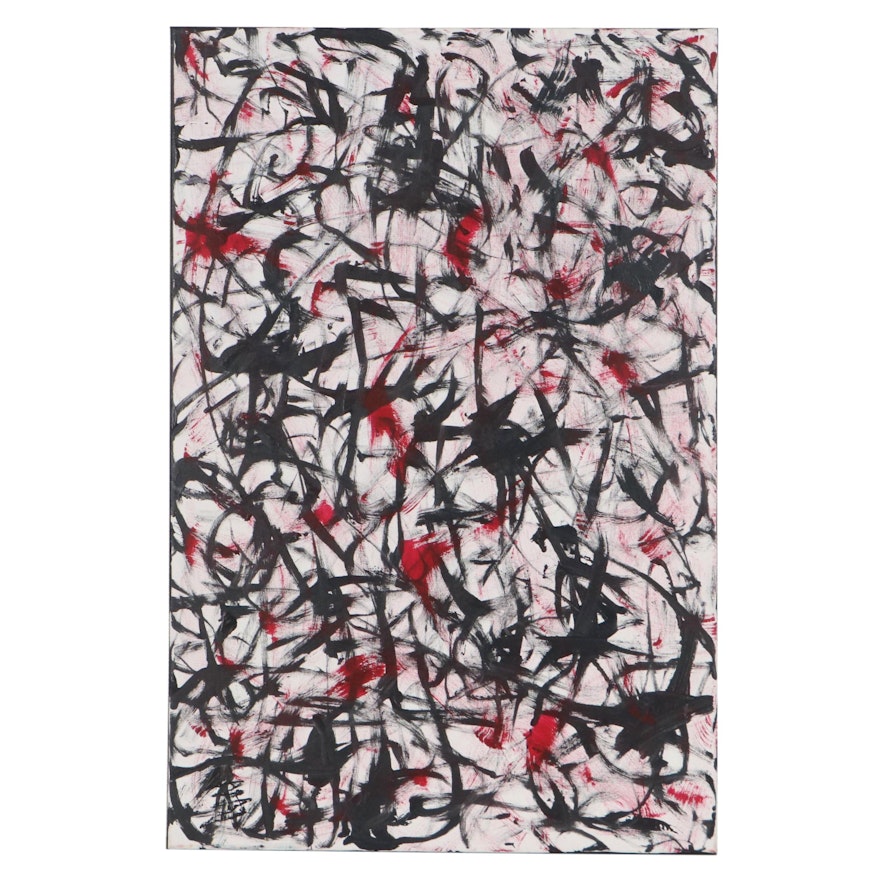 Lois Walker Abstract Acrylic Painting "Black and Red Explosion"