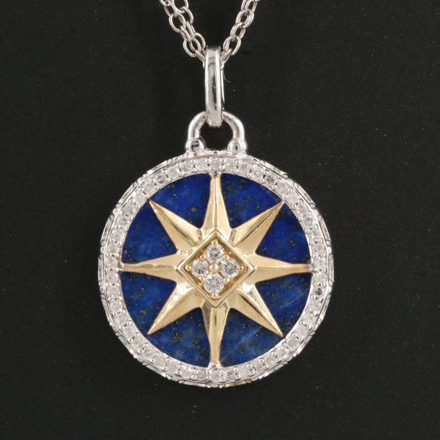 Sterling Diamond and Lapis Lazuli Starburst Pendant Necklace with 14K Accent
