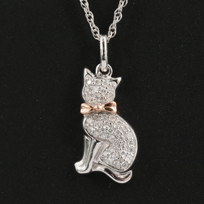 Sterling Diamond Cat Pendant Necklace with 10K Accent