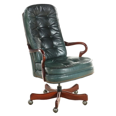 Executive Leather Queen Anne Style Leather and Mahogany Swivel-Tilt Desk Chair