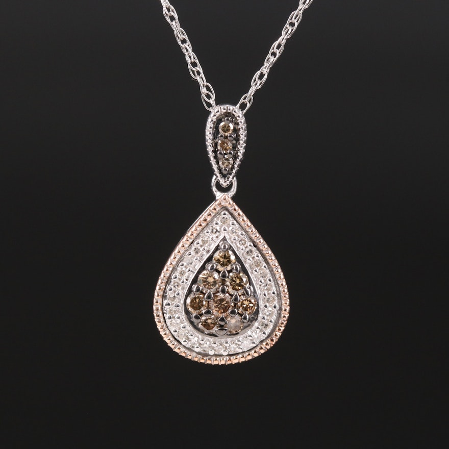 Sterling Diamond Teardrop Pendant Necklace with 10K Rose Gold Accent