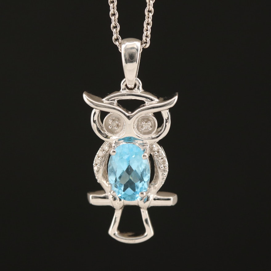 Sterling Silvre Swiss Topaz and Diamond Owl Pendant Necklace