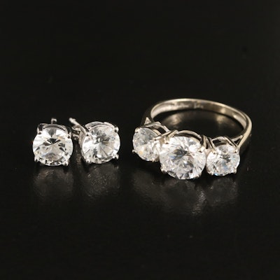 14K White Sapphire Stud Earrings and Cubic Zirconia Ring