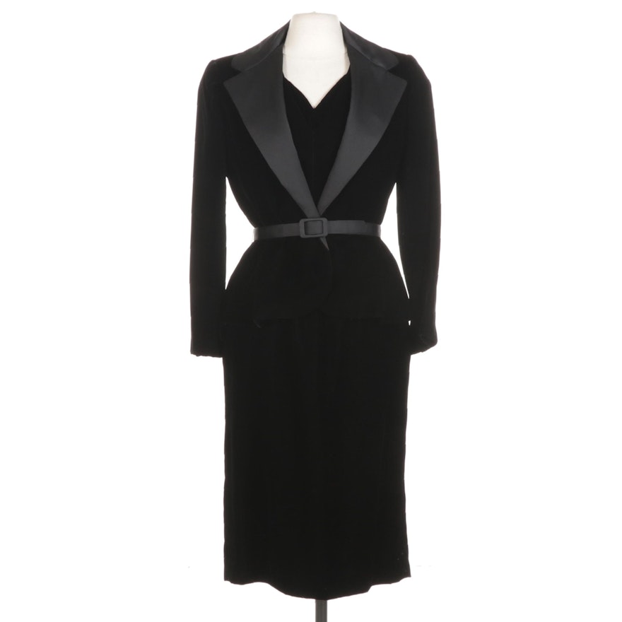 Mignon Black Velvet Evening Dress and Jacket Set with Coordinating Belt