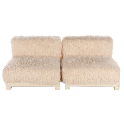 Modular White-Painted Wood and Faux Fur Upholstered Lounge Seating