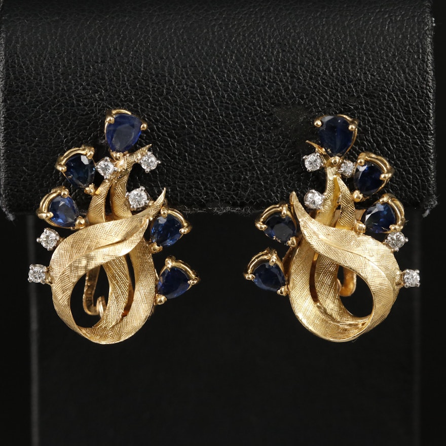 Retro 14K Sapphire and Diamond Earrings with Palladium Accents