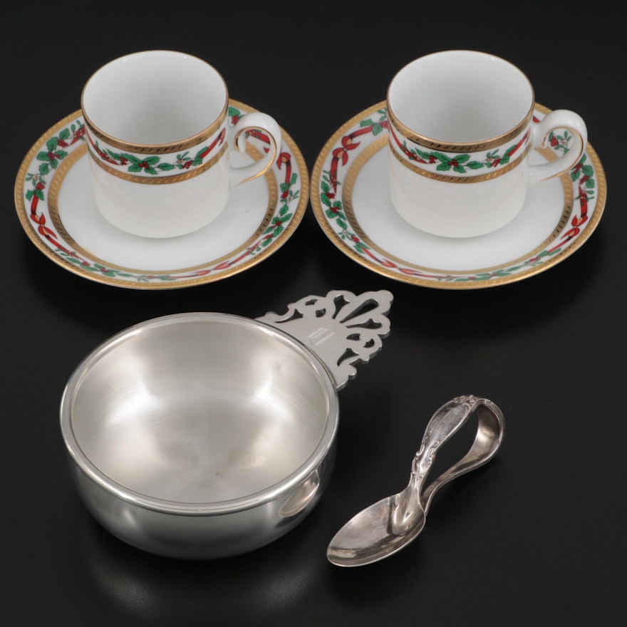 Reed & Barton Pewter Porringer with Baby Spoon and Porcelain Demitasse Sets