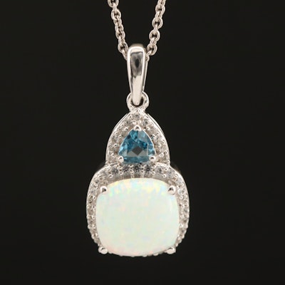 Sterling Opal, Swiss Blue Topaz and White Sapphire Pendant Necklace